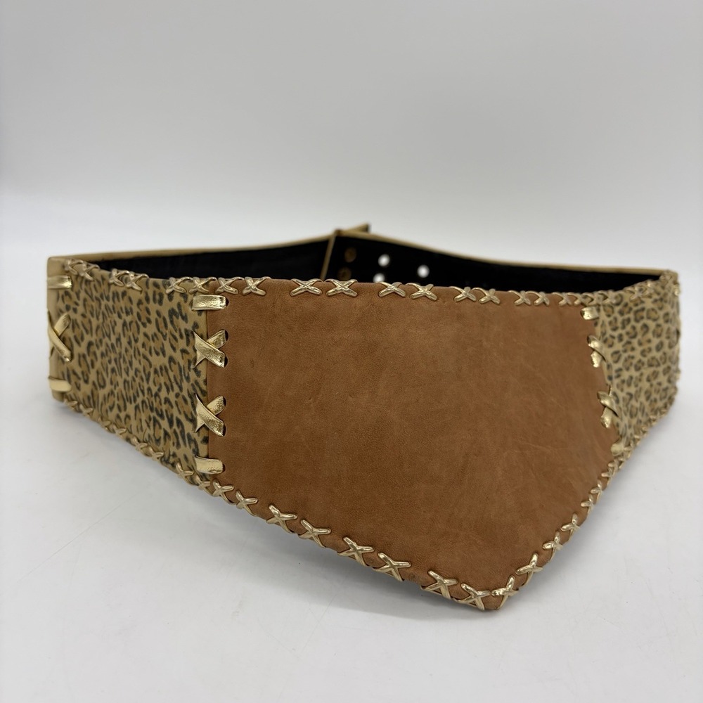 Vintage 1992 Nina Arjani Womens S Leatherock Belt Leopard Print Leather Gold